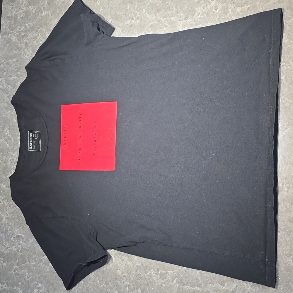 Express Black Tee with Red Square Design